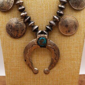 Navajo Turquoise Squash Blossom Necklace Mercury Dimes & Morgan Silver Dollars